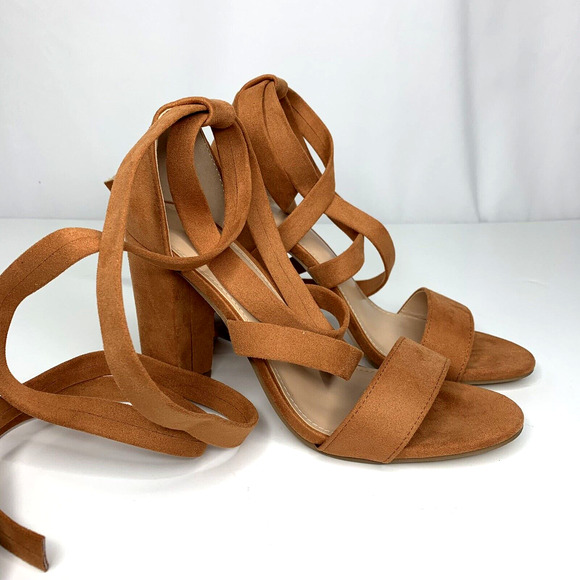 Womens High Heel Lace Up Strappy Suede Sandals Size 7 Brown Camel Block Heel - Picture 6 of 11